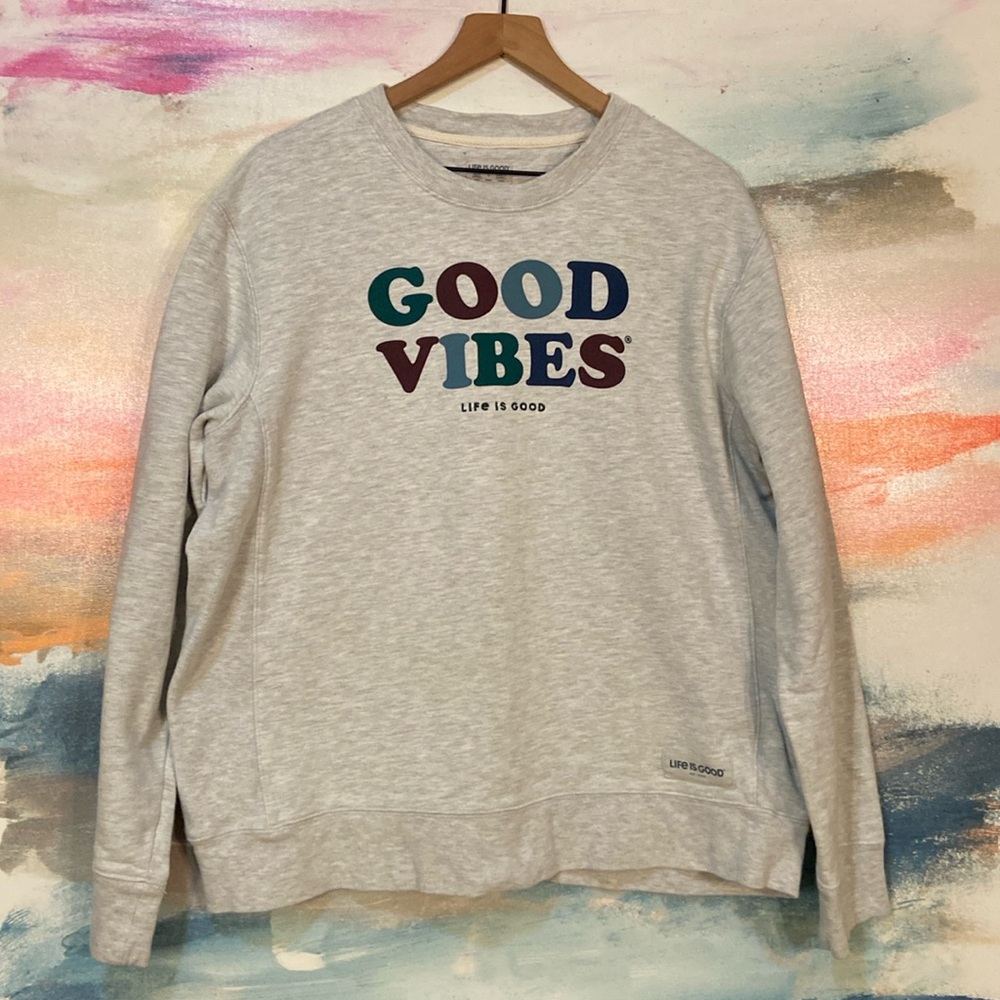 🔥EC🔥Life Is Good Cotton Reverse Weave Crewneck Embroidered Sweatshirt.